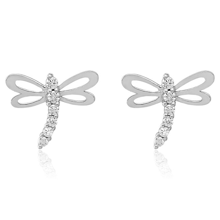 14K Solid White Gold Cubic Zirconia CZ Dragonfly Stud Earrings