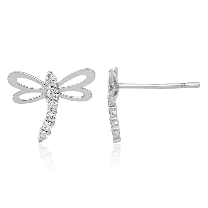 14K Solid White Gold Cubic Zirconia CZ Dragonfly Stud Earrings