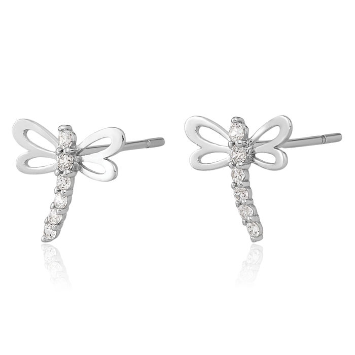 14K Solid White Gold Cubic Zirconia CZ Dragonfly Stud Earrings