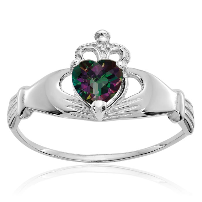 14K Solid White Gold Cubic Zirconia CZ Heart Irish Claddagh Celtic Ring Love Band June Birthstone Jewelry
