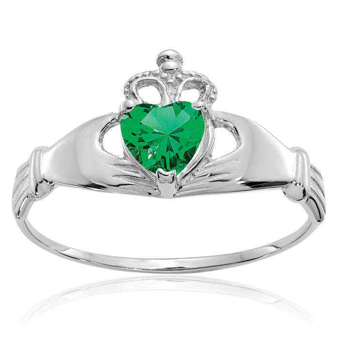 14K Solid White Gold Cubic Zirconia CZ Heart Irish Claddagh Celtic Ring Love Band May Birthstone Jewelry