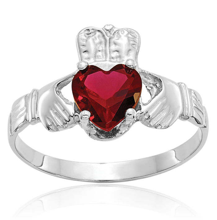 14K Solid White Gold Cubic Zirconia CZ Heart Irish Claddagh Celtic Ring January Birthstone Jewelry