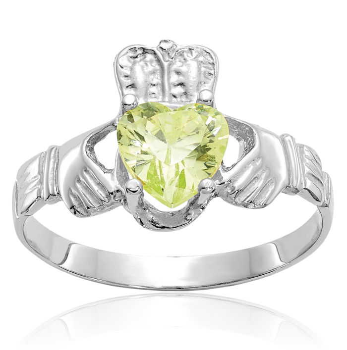 14K Solid White Gold Cubic Zirconia CZ Heart Irish Claddagh Celtic Ring August Birthstone Jewelry