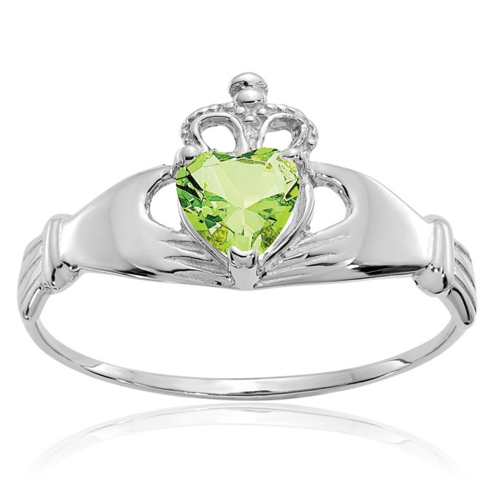 14K Solid White Gold Cubic Zirconia CZ Heart Irish Claddagh Celtic Ring Love Band August Birthstone Jewelry