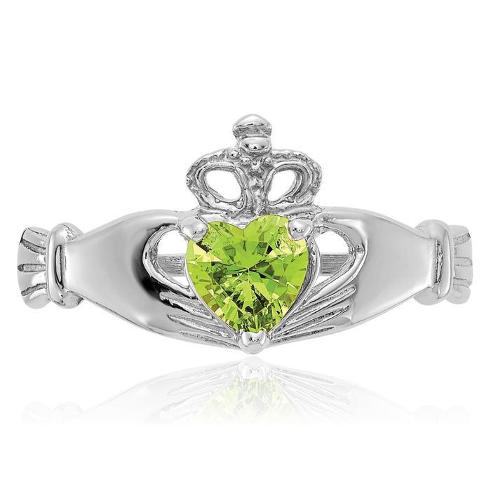 14K Solid White Gold Cubic Zirconia CZ Heart Irish Claddagh Celtic Ring Love Band August Birthstone Jewelry