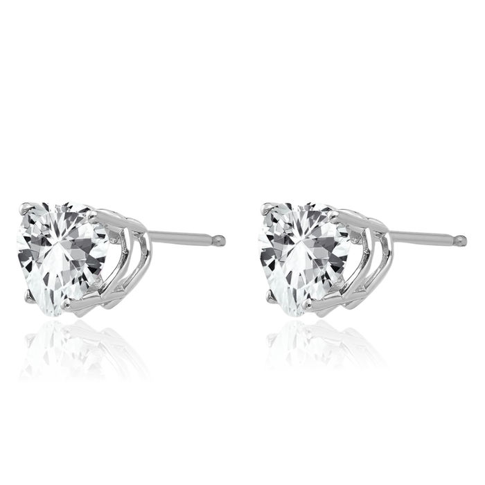 14K Solid White Gold Cubic Zirconia CZ Heart Studs Gemstone Earrings April Birthstone Jewelry