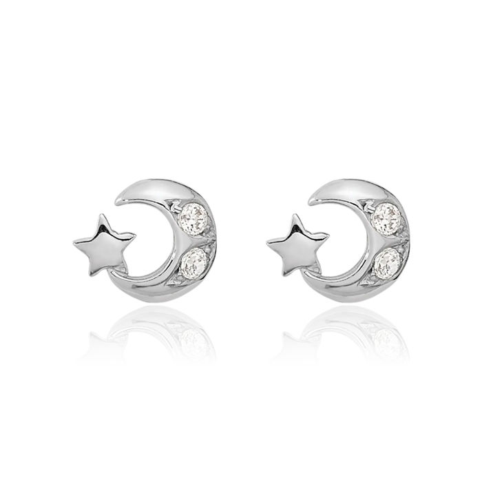 14K Solid White Gold Cubic Zirconia CZ Crescent Moon Star Stud Earrings Celestial Jewelry