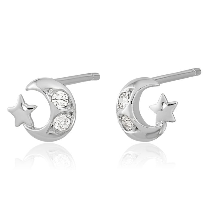 14K Solid White Gold Cubic Zirconia CZ Crescent Moon Star Stud Earrings Celestial Jewelry