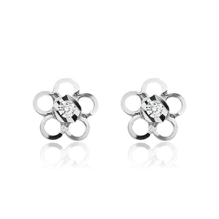 14K Solid White Gold Cubic Zirconia CZ Rose Flower Stud Earrings