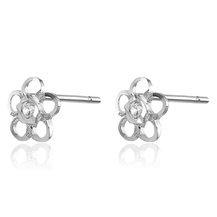 14K Solid White Gold Cubic Zirconia CZ Rose Flower Stud Earrings