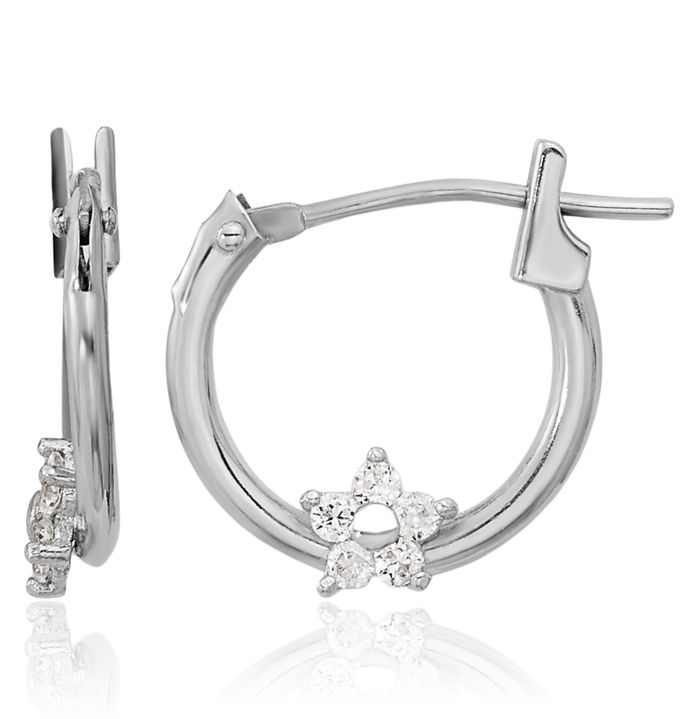 14K Solid White Gold Cubic Zirconia CZ Star Huggie Small Hoop Earrings