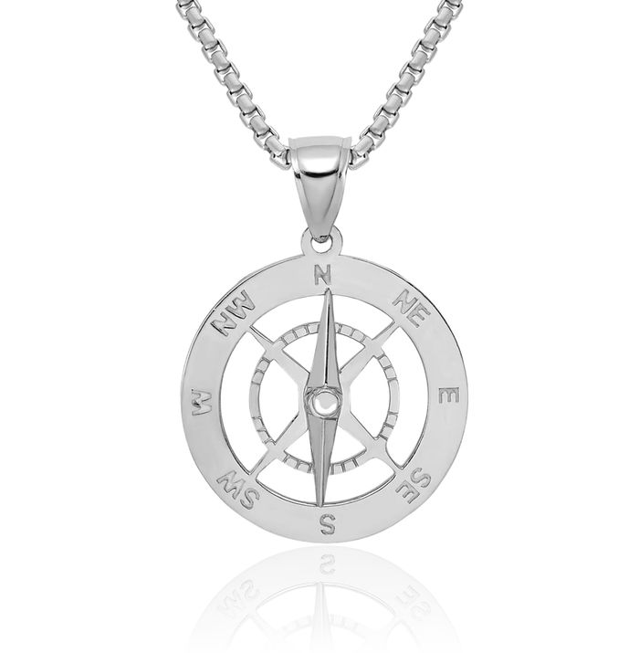 14K Solid White Gold Dangling Nautical North Star Compass Needle Necklace Chain Pendant Charm