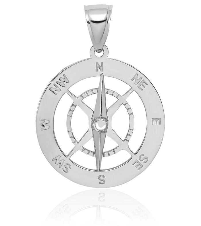 14K Solid White Gold Dangling Nautical North Star Compass Needle Necklace Chain Pendant Charm