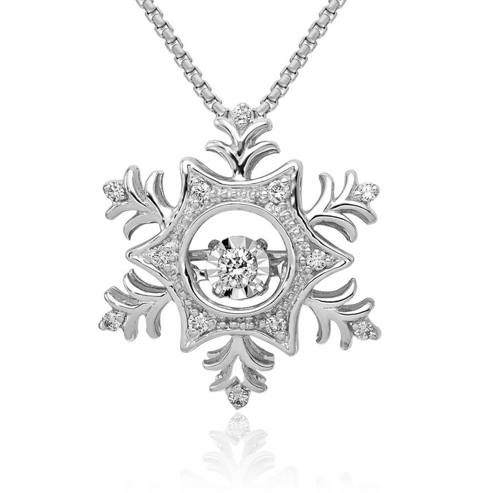 14K Solid White Gold Dangling Diamond Snowflake Floating Chain Slide Pendant Necklace Charm