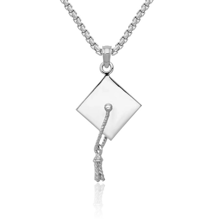 14K Solid White Gold Dangling Graduation Cap Tassle Necklace Chain Pendant Charm