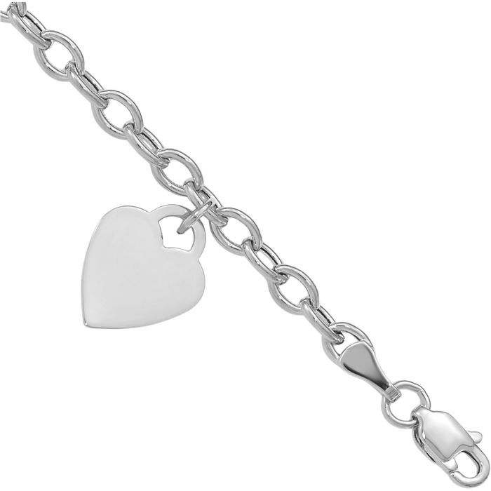 14K Solid White Gold Dangling Heart Chain Charm Bracelet