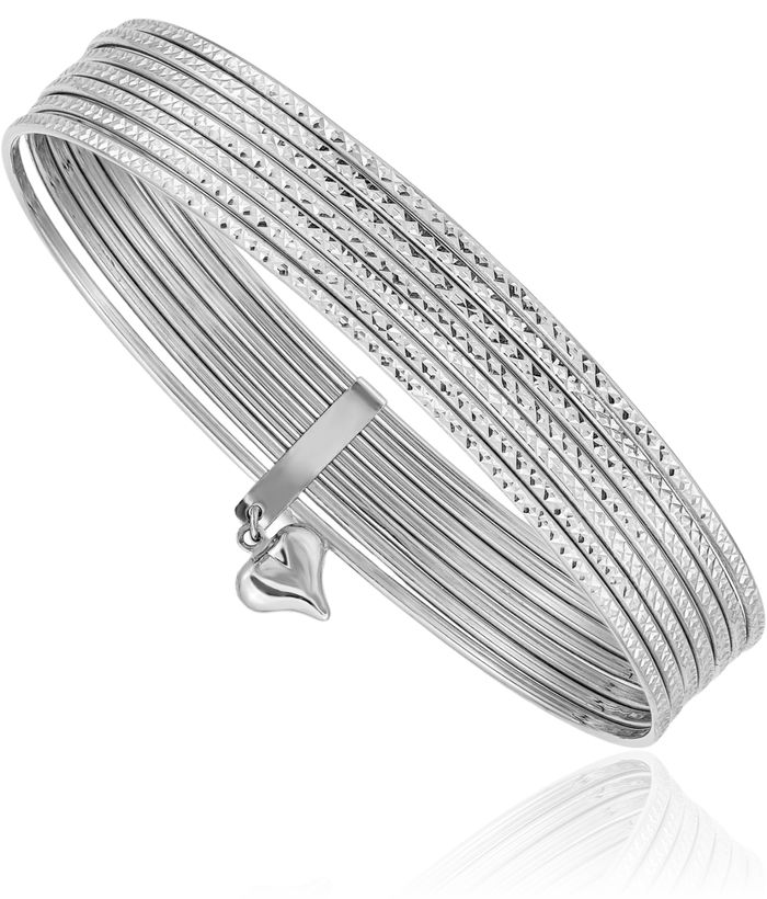 14K Solid White Gold Dangling Heart Set of 7 Slip On Bangle Bracelet