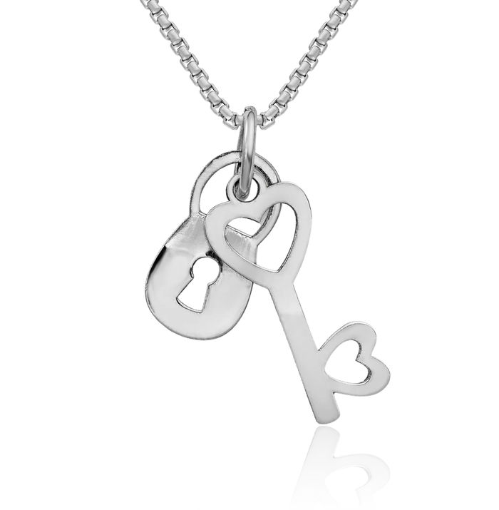 14K Solid White Gold Dangling Lock Heart Key Necklace Chain Pendant Charm