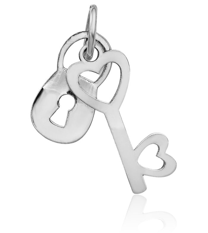 14K Solid White Gold Dangling Lock Heart Key Necklace Chain Pendant Charm