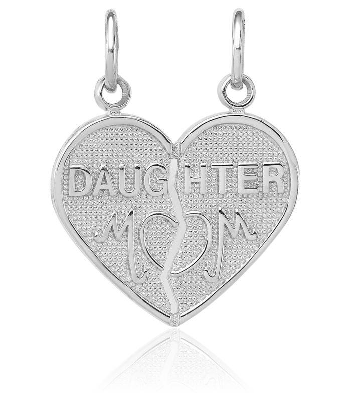 14K Solid White Gold Daughter Mom Break-apart Heart Necklace Mama Charm Mother Pendant