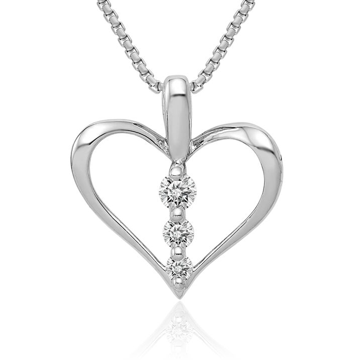 14K Solid White Gold Diamond 3 Stone Heart Necklace Love Pendant Charm