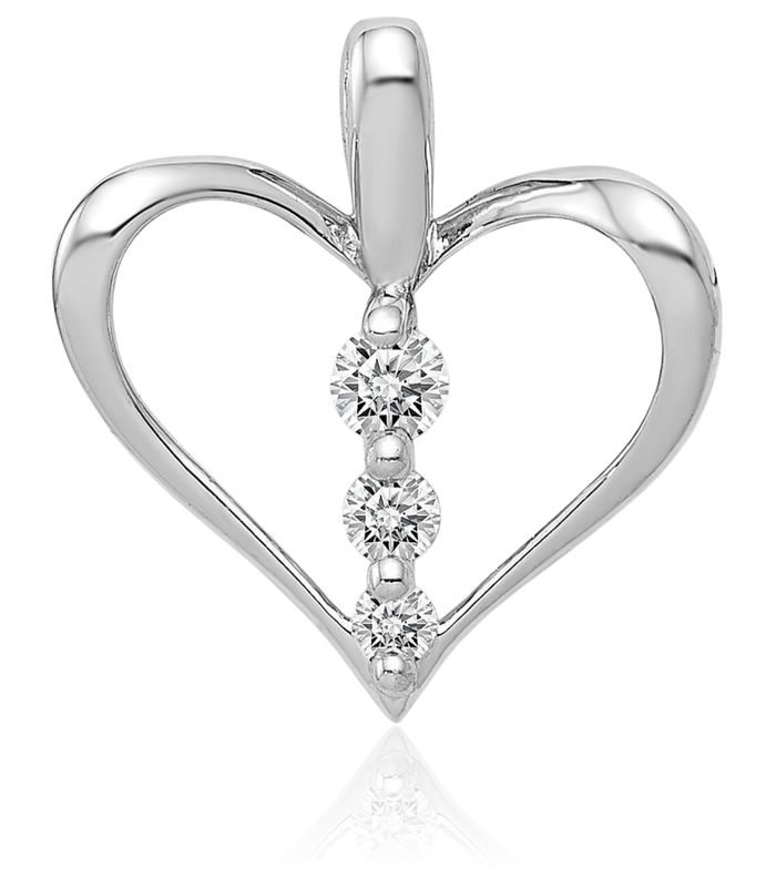 14K Solid White Gold Diamond 3 Stone Heart Necklace Love Pendant Charm