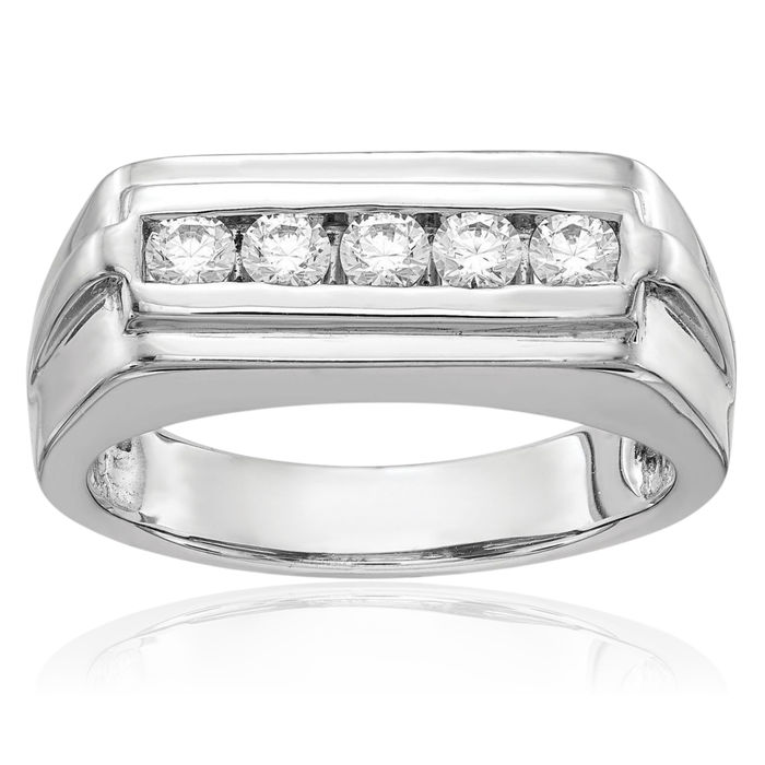 14K Solid White Gold Diamond 5 Stone Mens Ring