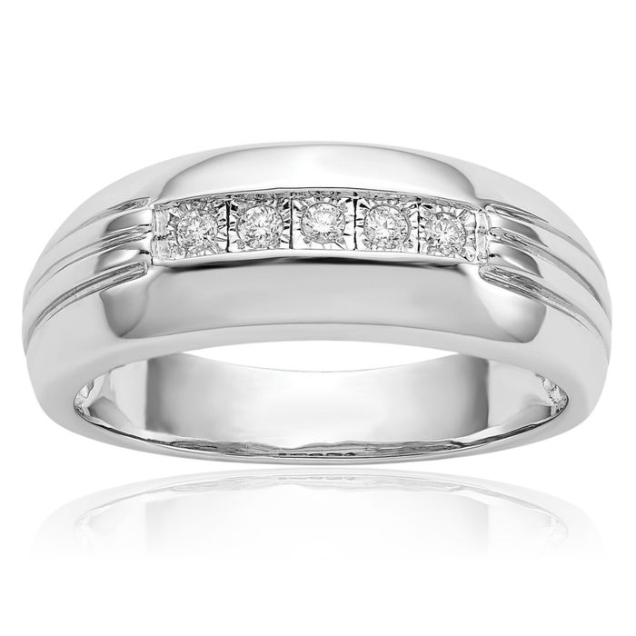 14K Solid White Gold Diamond 5 Stone Mens Ring