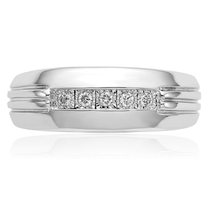 14K Solid White Gold Diamond 5 Stone Mens Ring