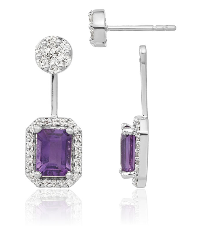 14K Solid White Gold Diamond Purple Amethyst Drop Dangle Earrings February Birthstone Jewelry