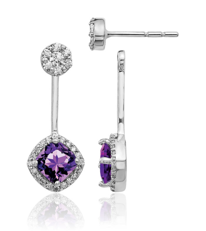 14K Solid White Gold Diamond Purple Amethyst Drop Dangle Earrings February Birthstone Jewelry