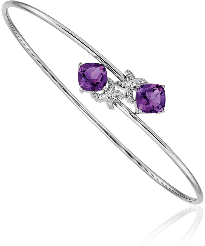 14K Solid White Gold Diamond Purple Amethyst Flexible Bangle Bracelet