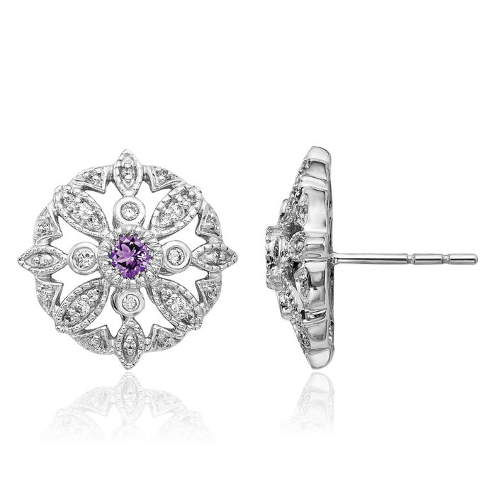 14K Solid White Gold Diamond Purple Amethyst Studs Gemstone Earrings February Birthstone Jewelry