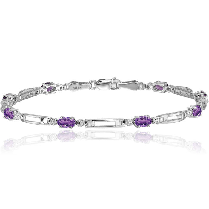 14K Solid White Gold Diamond Purple Amethyst Chain Gemstone Tennis Bracelet