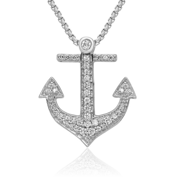 14K Solid White Gold Diamond Anchor Mariner Floating Chain Slide Pendant Necklace Nautical Charm