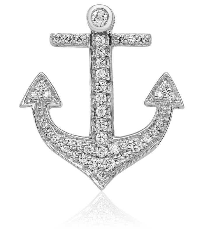 14K Solid White Gold Diamond Anchor Mariner Floating Chain Slide Pendant Necklace Nautical Charm