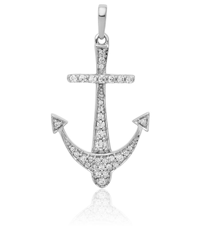 14K Solid White Gold Diamond Anchor Mariner Necklace Nautical Charm Pendant