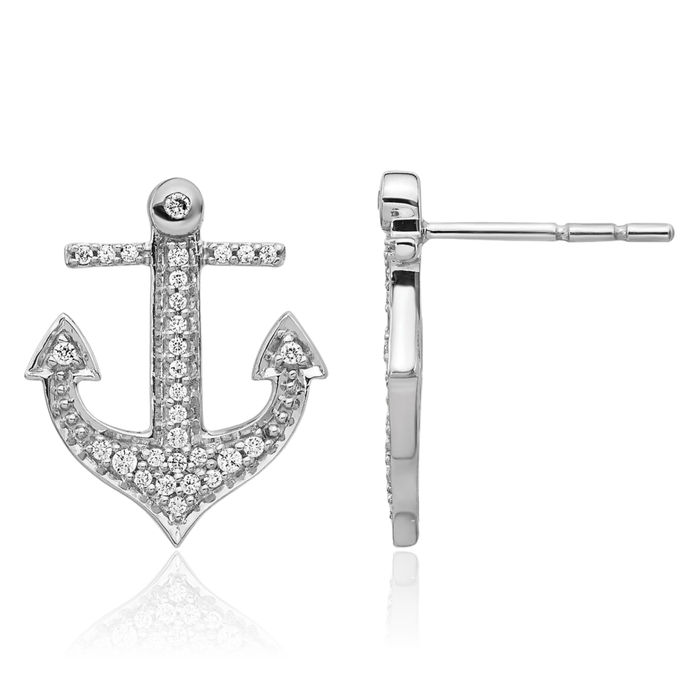 14K Solid White Gold Diamond Anchor Mariner Stud Earrings
