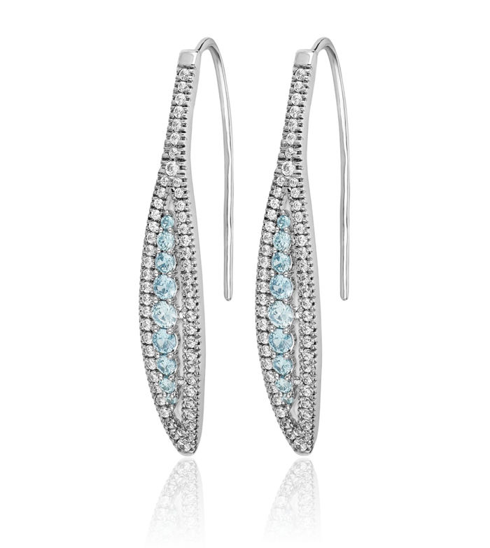 14K Solid White Gold Diamond Blue Aquamarine Drop Dangle Earrings Gemstone Threader