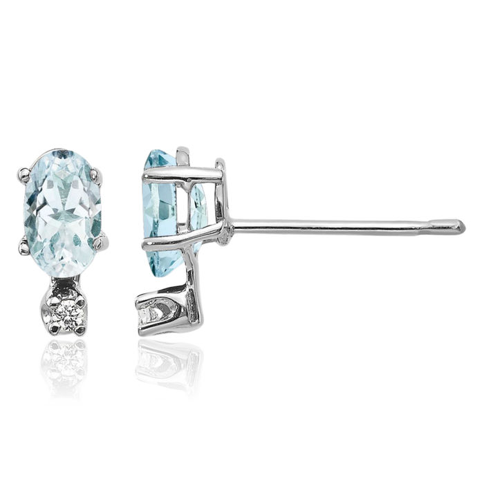 14K Solid White Gold Diamond Blue Aquamarine Stud Earrings Gemstone Post Push Back March Birthstone Jewelry
