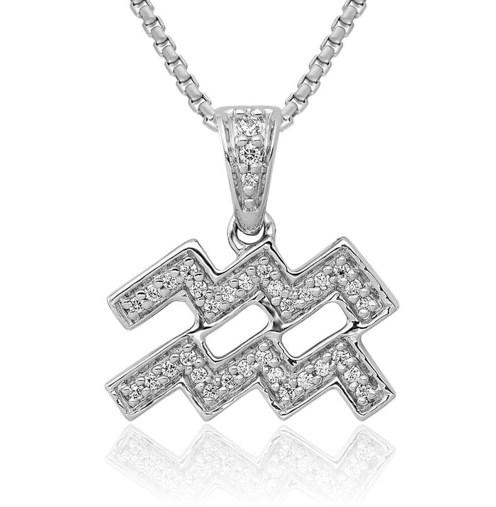 14K Solid White Gold Diamond Aquarius Zodiac Necklace Water Bearer Horoscope Pendant January February Birthday Charm Astrology Jewelry