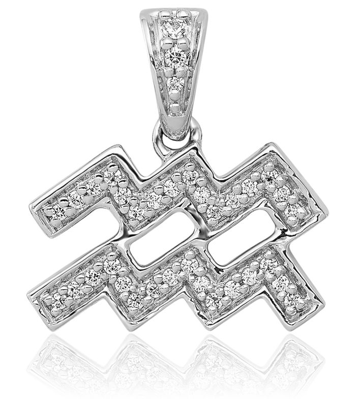 14K Solid White Gold Diamond Aquarius Zodiac Necklace Water Bearer Horoscope Pendant January February Birthday Charm Astrology Jewelry