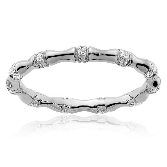 14K Solid White Gold Diamond Bamboo Ring