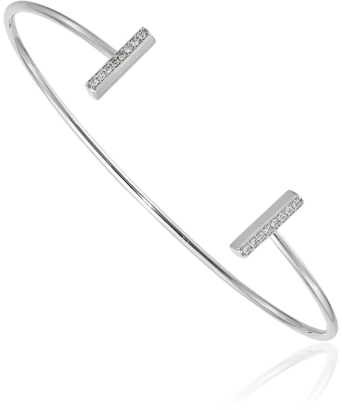 14K Solid White Gold Diamond Bar Bangle Bracelet