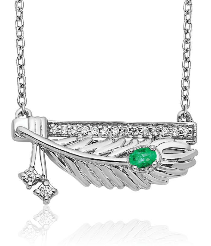 14K Solid White Gold Diamond Bar Green Emerald Feather Necklace Chain Gemstone Pendant Charm