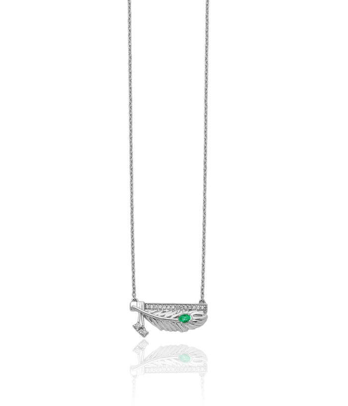 14K Solid White Gold Diamond Bar Green Emerald Feather Necklace Chain Gemstone Pendant Charm