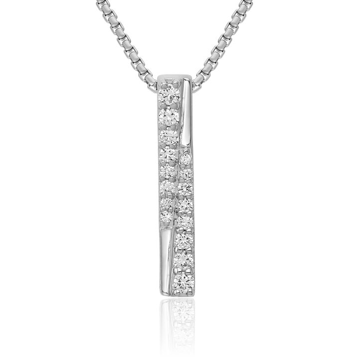 14K Solid White Gold Diamond Bar Floating Chain Slide Pendant Necklace Charm