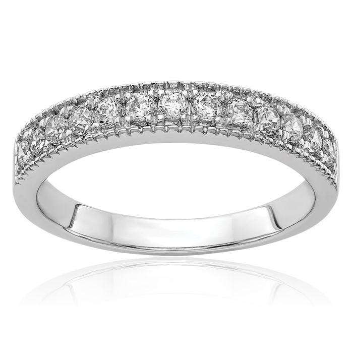 14K Solid White Gold Diamond Beaded Edge Anniversary Ring Eternity Wedding Band Bridal Jewelry