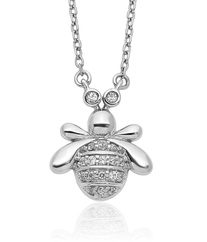 14K Solid White Gold Diamond Queen Bumble Bee Necklace Honeybee Pendant Beekeeper Charm Chain