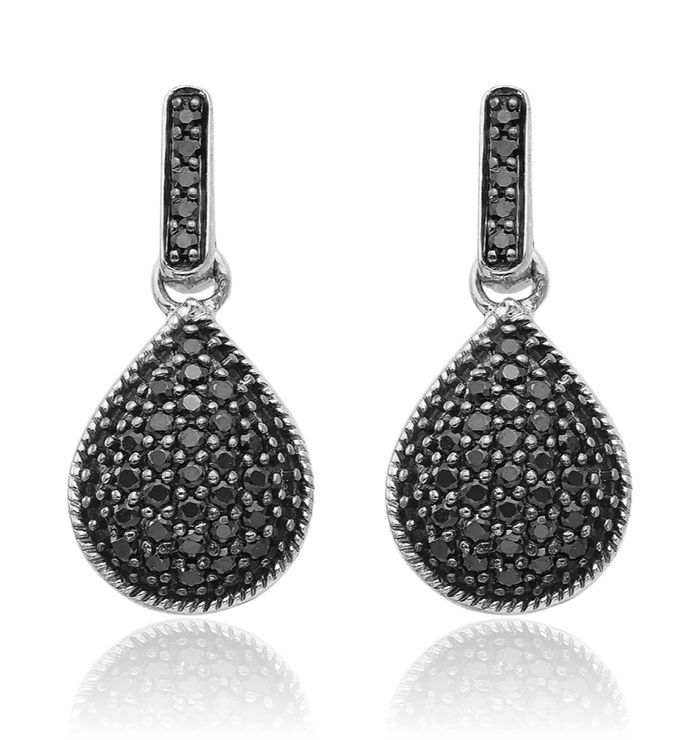 14K Solid White Gold Diamond Black Teardrop Drop Dangle Earrings